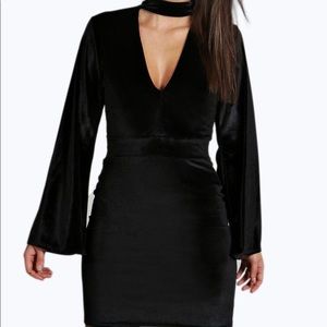 Black Lila Velvet High Neck Wide Sleeve Bodycon